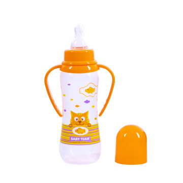 Бутылочка для кормления с силиконовой соской и ручками Baby team, 250 мл, 0+, арт. 1411 (Оранжевая)
