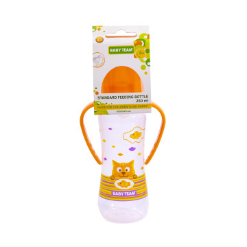 Бутылочка для кормления с силиконовой соской и ручками Baby team, 250 мл, 0+, арт. 1411 (Оранжевая)