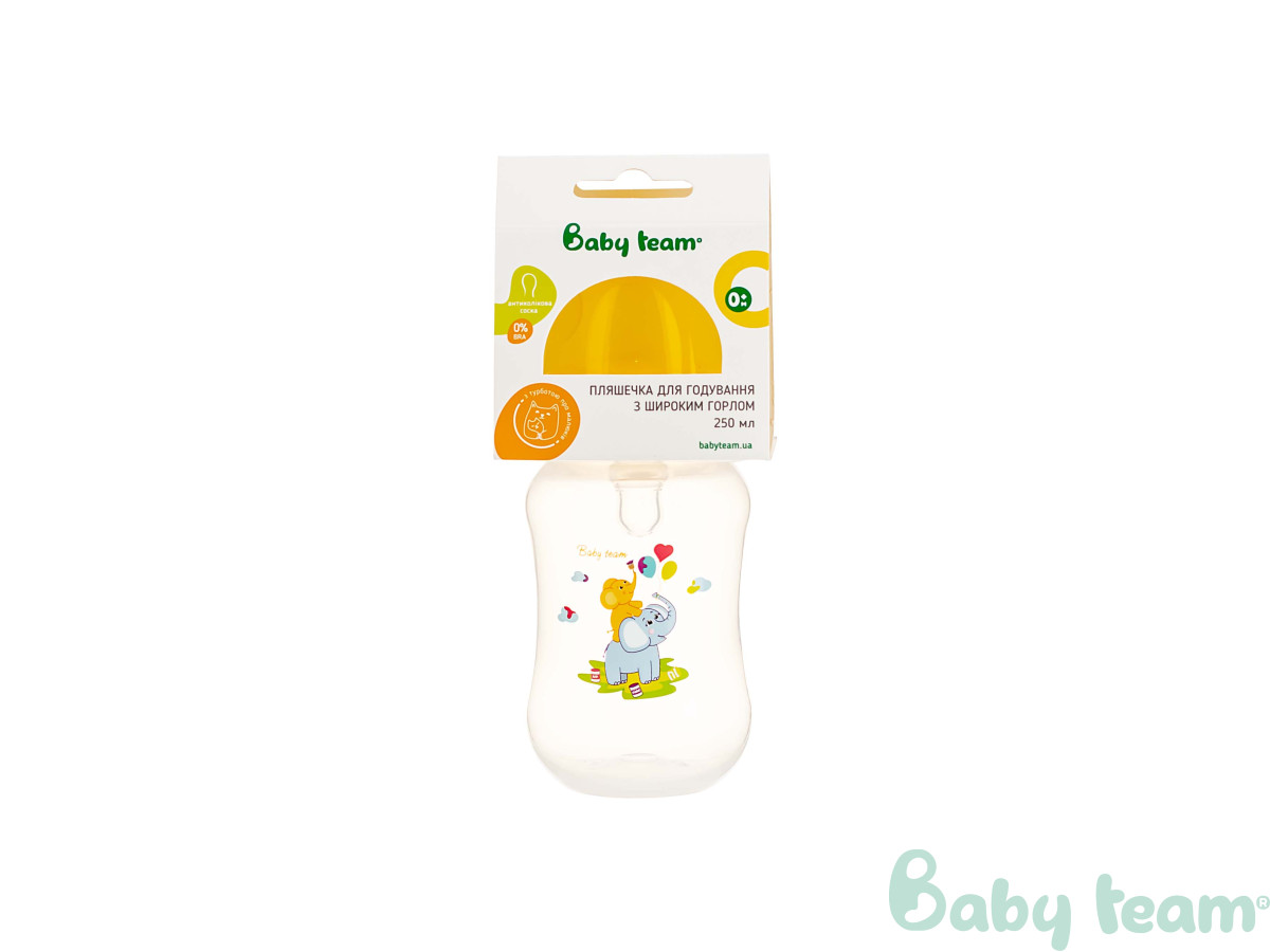 Пляшечка для годування з широким горлом Baby team, 250 мл, 0 +, арт. 1002 (жовта) Пляшечка для годування з широким горлом Baby team, 250 мл, 0 +, арт. 1002 (жовта)