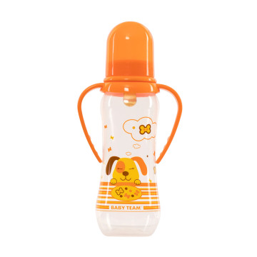 Бутылочка для кормления с латексной соской и ручками Baby team, 250 мл, 0+, арт. 1311 (Оранжевая)