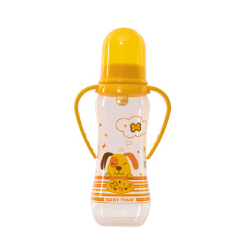 Бутылочка для кормления с латексной соской и ручками Baby team, 250 мл, 0+, арт. 1311 (Желтая)